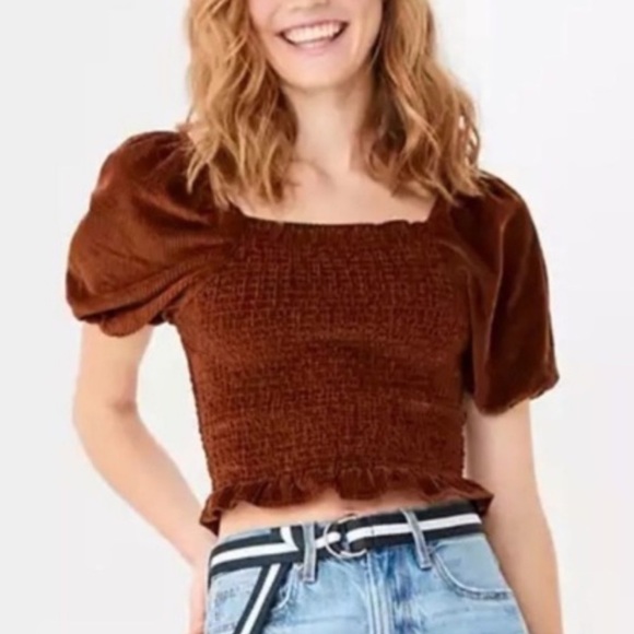 American Eagle women’s crop top brown corduroy Puffy Sleeve NWT size XXL - Picture 1 of 12